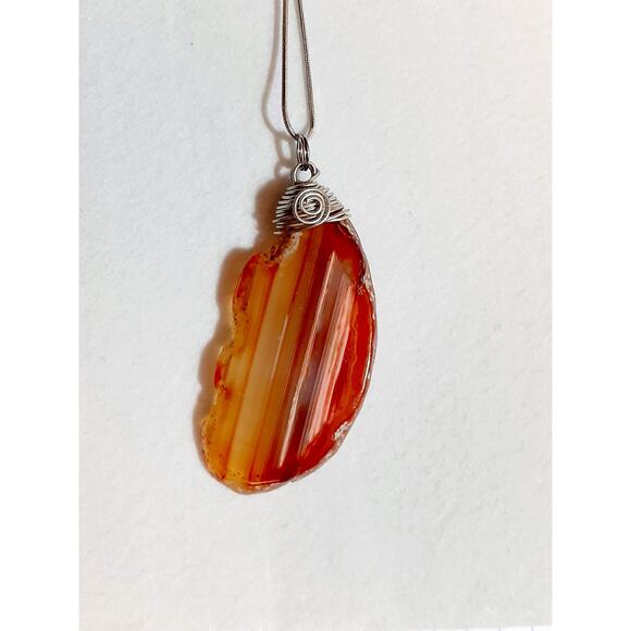 Brown Stripe Agate Slice Wire Wrap Necklace Handmade - Picture 4 of 4